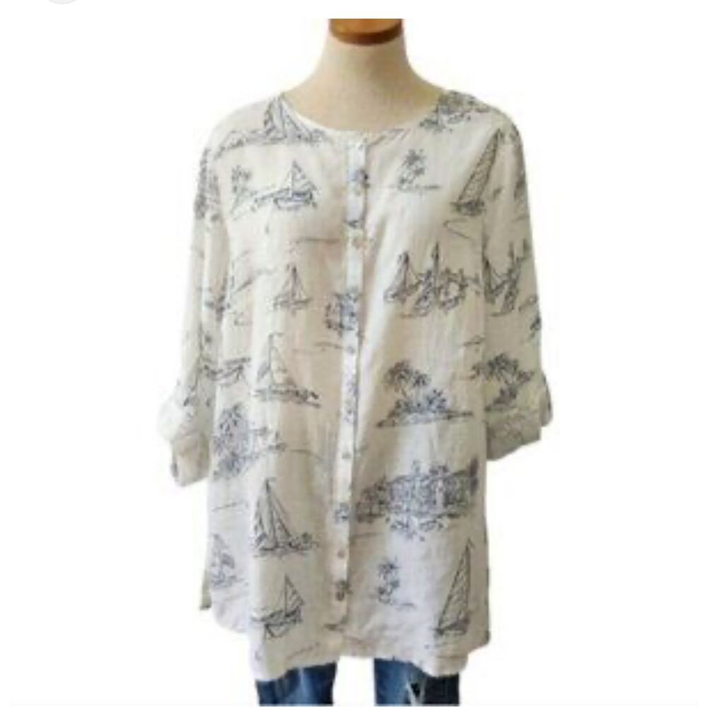 Cynthia Rowley Linen White Tunic Sailboats Coastal Granny Cottagecor Plus 1X NWT